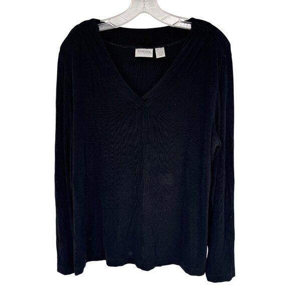 Chicos 3 Travelers Black Long Sleeve V-Neck Top Size XL Acetate Stretch USA - Picture 1 of 10